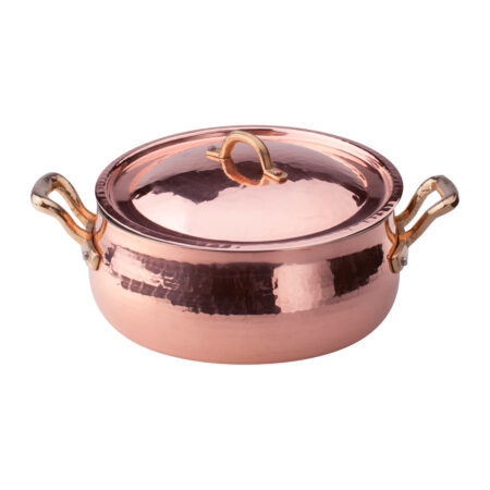 Casseruola bassa bombata in rame martellato stagnato 2mm - 2 maniglie e 1 coperchio