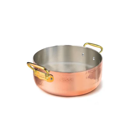 Casseruola bassa in Rame Martellato Stagnato con 2 Maniglie in Acciaio Inox