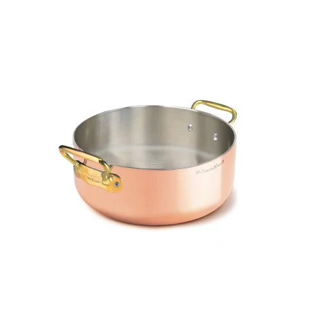 Casseruola bassa in Rame Liscio Stagnato per Induzione con 2 Maniglie in Acciaio Inox